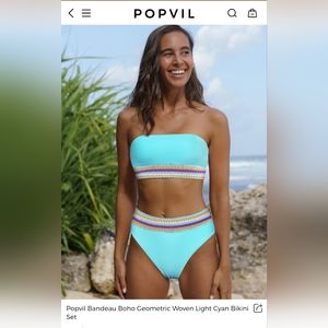 Bandeau Boho Geometric Woven Light Cyan Swimsuit Bikini Strapless